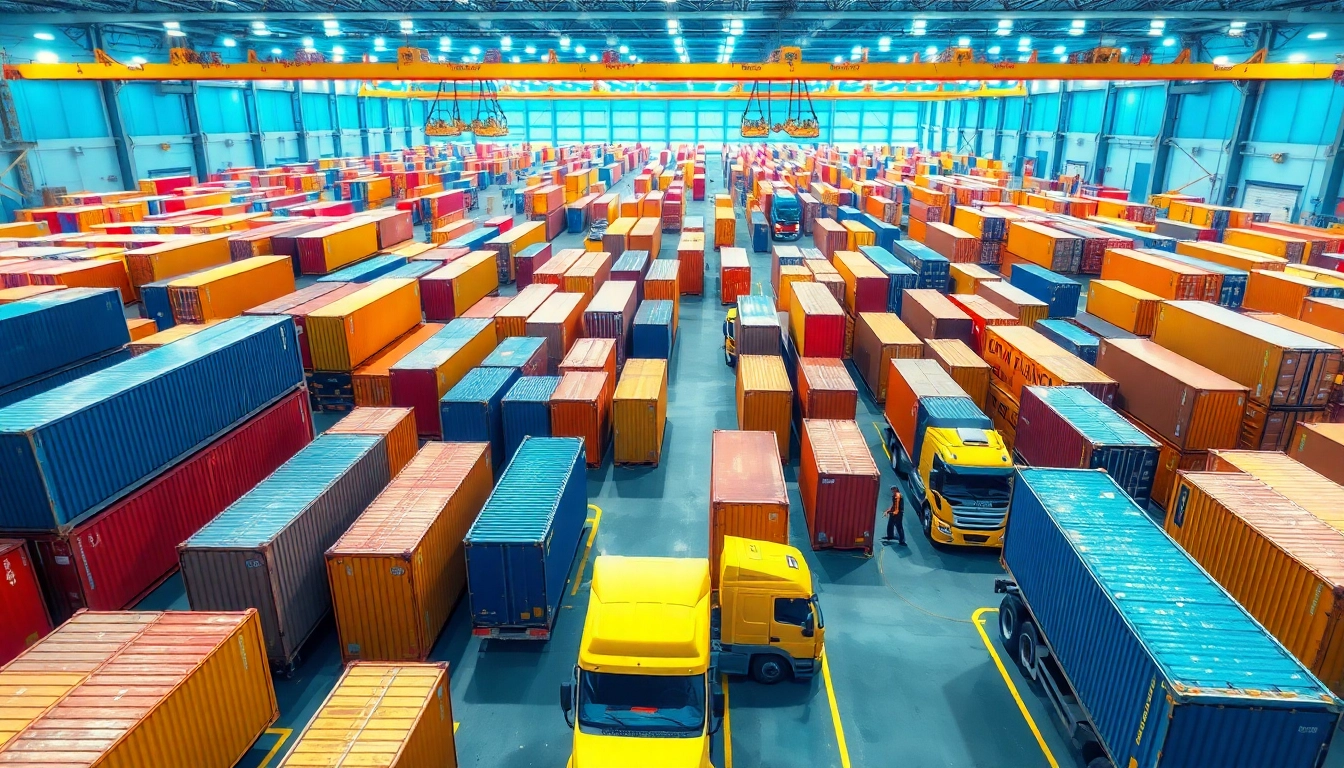 Logistics operations in a busy warehouse with containers and trucks ensuring efficient deliveries.