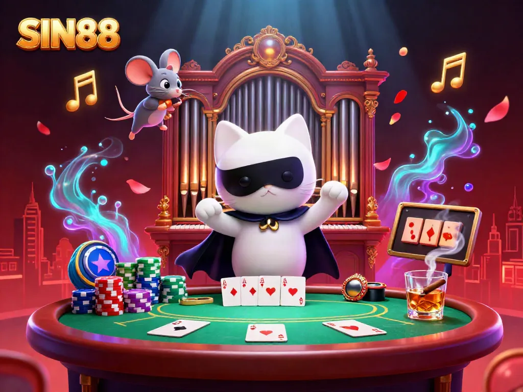 SIN88 players enjoy a vibrant casino atmosphere featuring a cat and mouse amid poker chips.