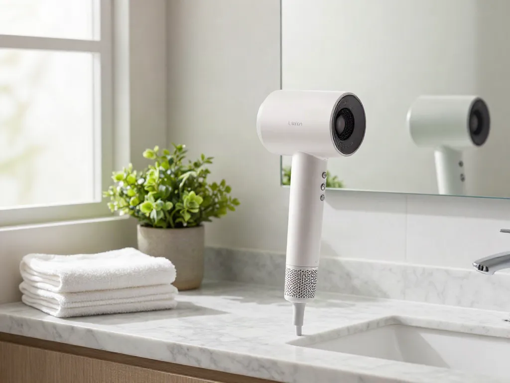 Laifen Air Pro Haartrockner im eleganten, modernen Badezimmer mit natürlichem Licht.