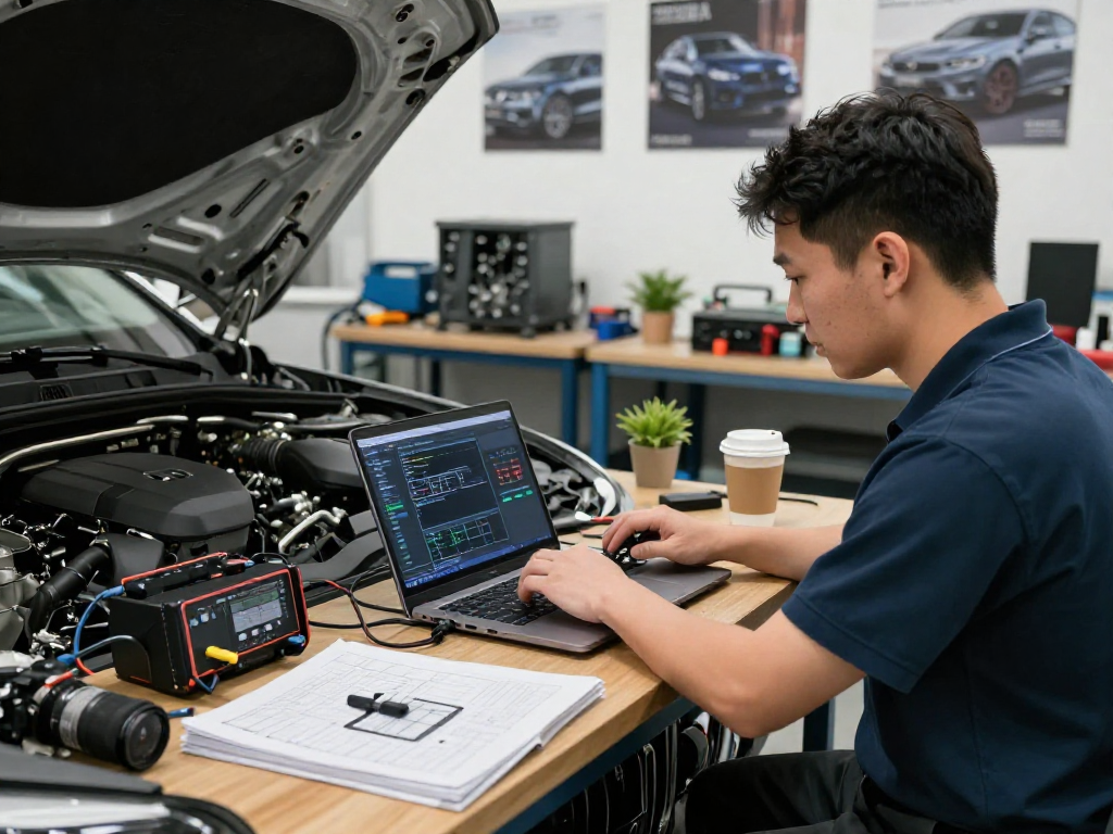 Chiptuning Hannover: Professioneller Techniker beim Tuning eines BMW-Motors in einer modernen Werkstatt.