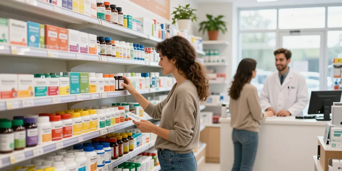 Ein Kunde im Unique Pharma Shop, der hochwertige Gesundheitsprodukte stöbert und von einem Apotheker beraten wird.