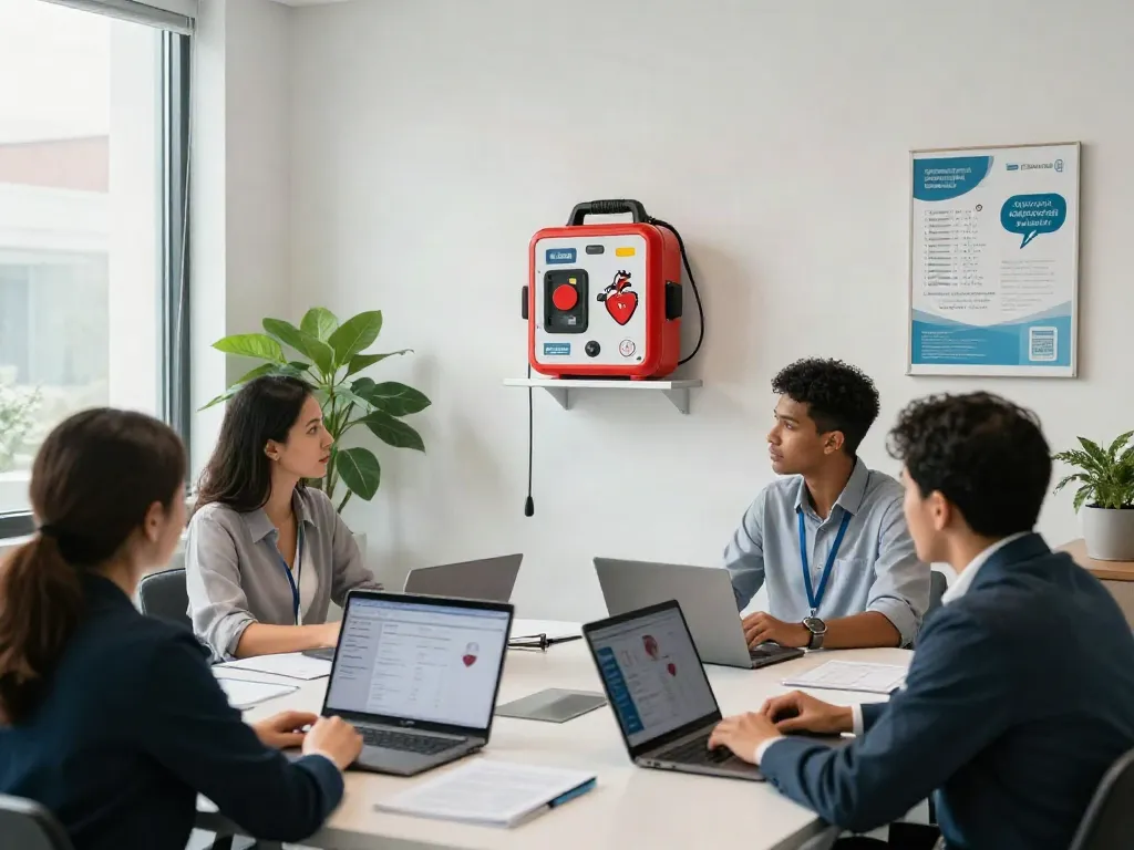 Defibrillator kaufen in modernem Büro, AED sichtbar an Wand montiert.