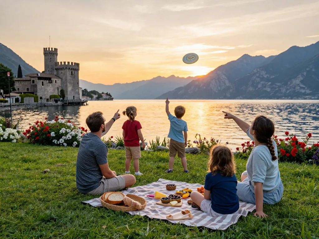 Familie genießt Urlaub am Gardasee mit malerischen Ausblicken und lokalen Köstlichkeiten bei Sonnenuntergang.