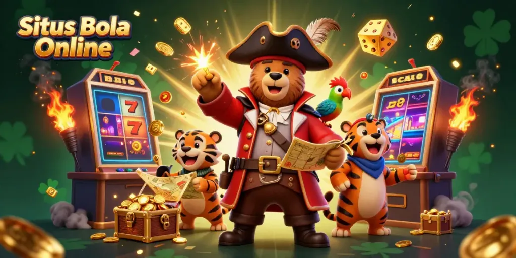 Situs Bola Online showcases a thrilling 3D pirate-themed casino scene bursting with jackpots and excitement.