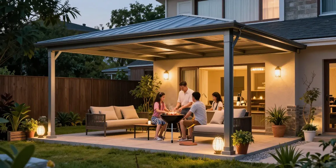 Terrassenüberdachung aus Aluminium in einem gemütlichen Garten mit Familie beim Grillen.