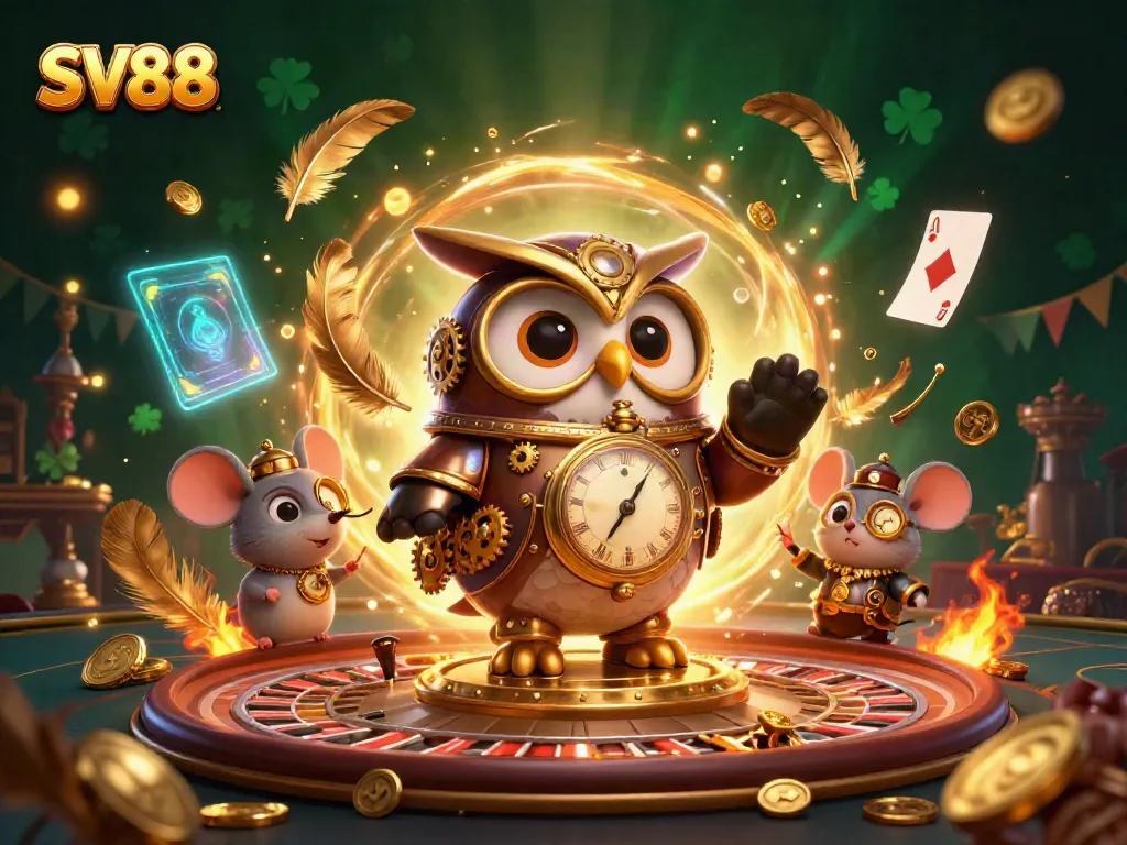 Experience SV88's thrilling gameplay featuring a captivating time-traveler owl in a vivid casino scene.