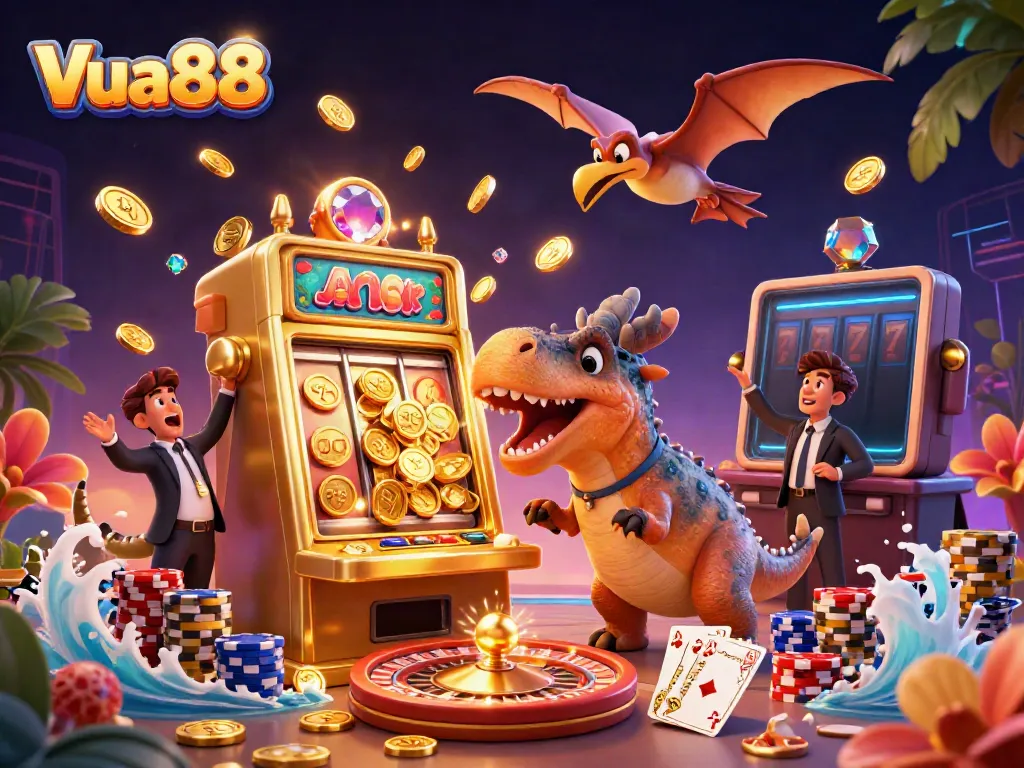 Vua88 casino illustration with a dinosaur interacting with a slot machine, dynamic golden coins flying.