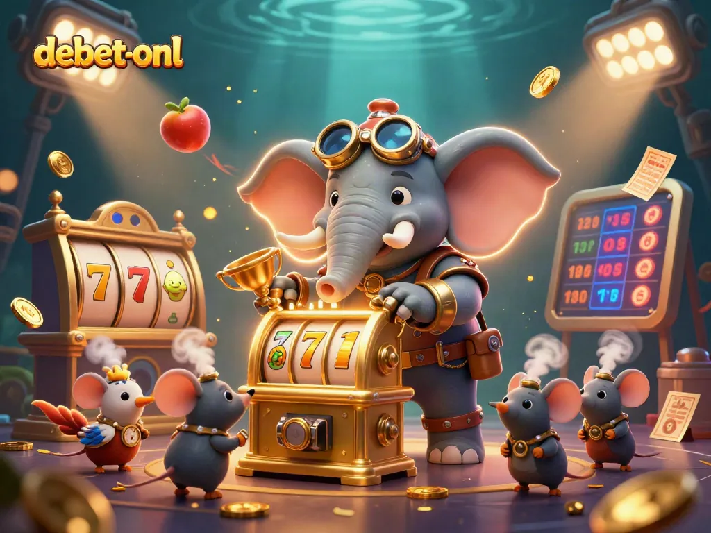 Experience the excitement of debet-onl with vibrant graphics of a steampunk elephant at a golden slot machine.