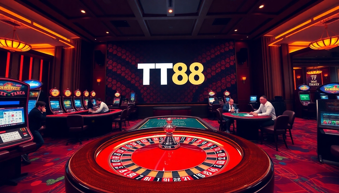 Engage in thrilling play at TT88's vibrant casino, featuring poker tables and roulette wheels.