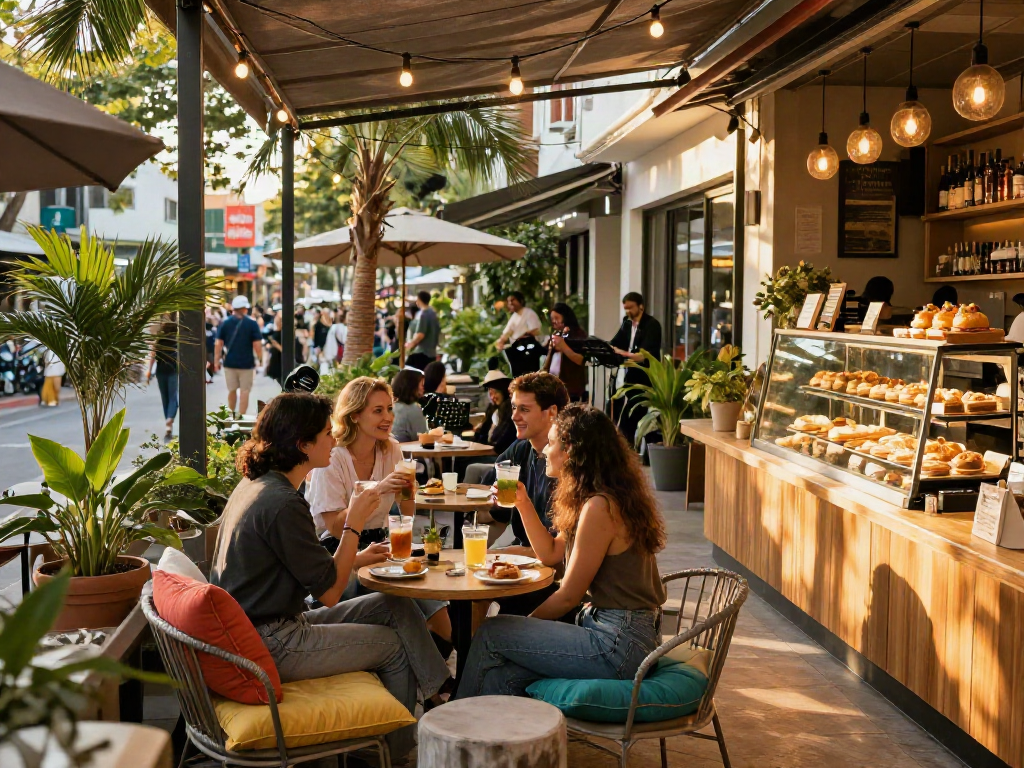 Friends enjoying drinks at rokok88 cafe in a vibrant urban setting, creating a cozy atmosphere.