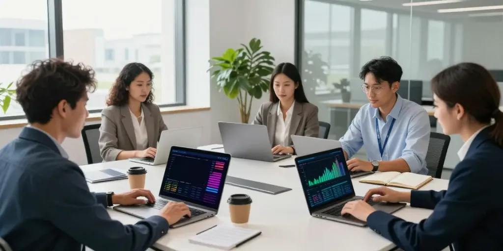 Reunión de equipo en un espacio de oficina moderna analizando servicios bbva empresas.