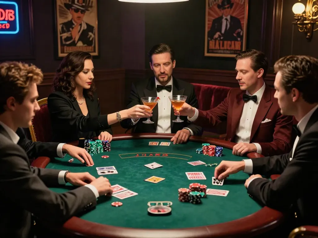 Experience the thrilling atmosphere of rokok88, a mafia-themed online casino with stylish players at a poker table.