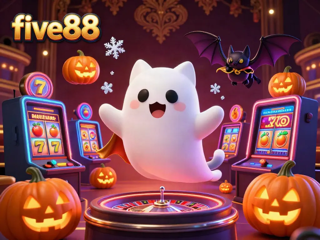 Experience the excitement of five88 at a vibrant casino with glowing games and friendly characters.