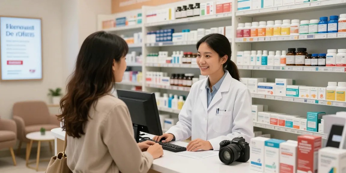 Kunde sucht Rat im Medi Pharma Shop mit Apotheker in einer gut sortierten Apotheke.