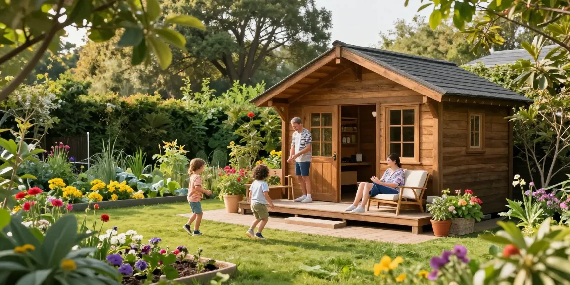 Wunderschönes Gartenhaus Holz eingerahmt von bunten Pflanzen und glücklichen Familien, die den Außenbereich genießen.