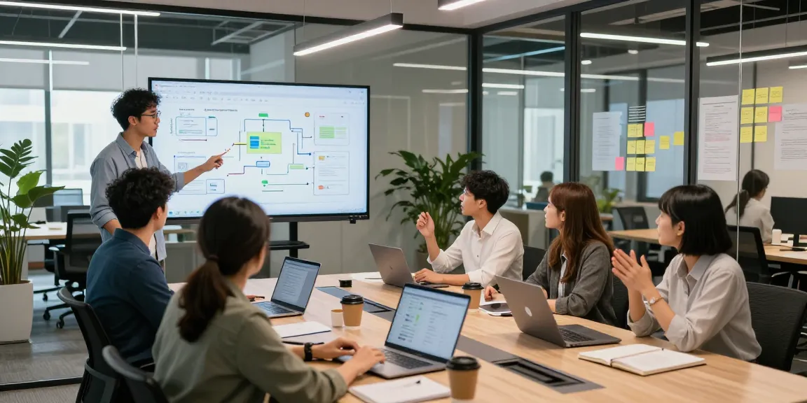 Build internal tools with AI in a vibrant tech office team collaboration scene.