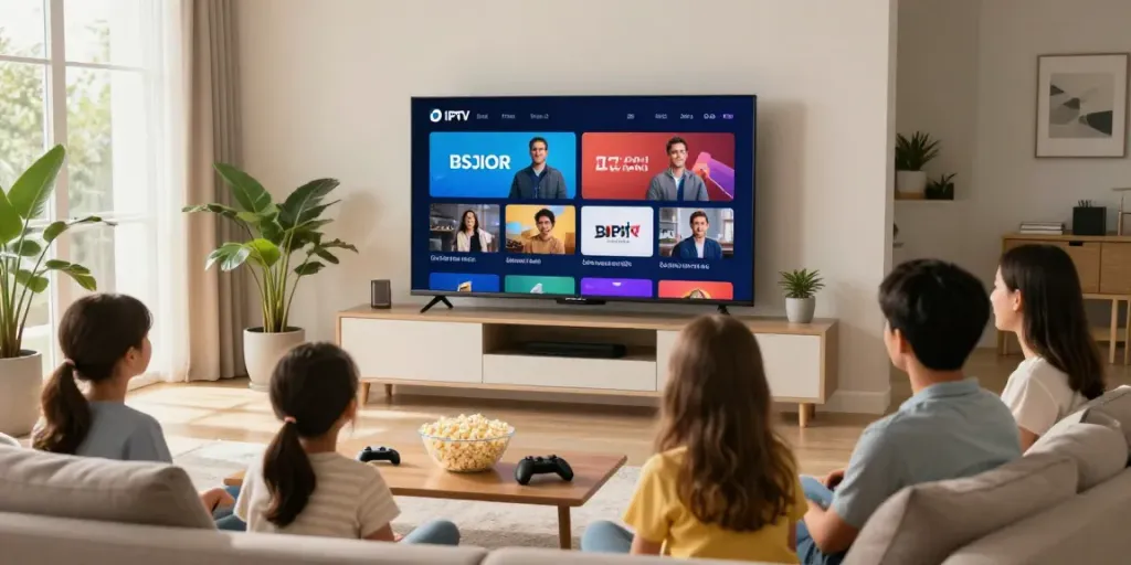 Family enjoying IPTV anbieter service in a cozy living room during sunny afternoon.