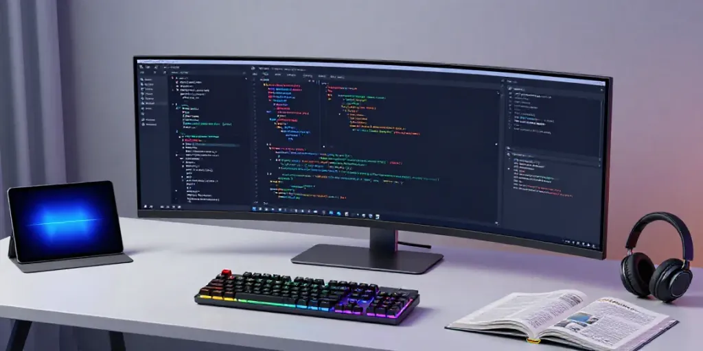 Gadgets für Softwareentwicklung und KI-Technologie am modernen Arbeitsplatz.