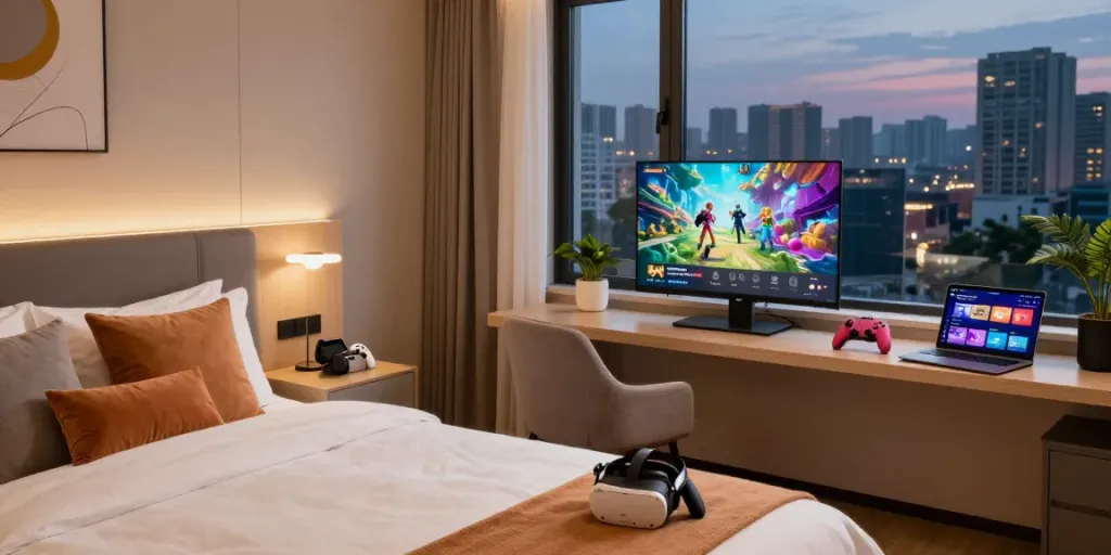 Relaxing ROKOK88 hotel room with gaming setup and modern decor.
