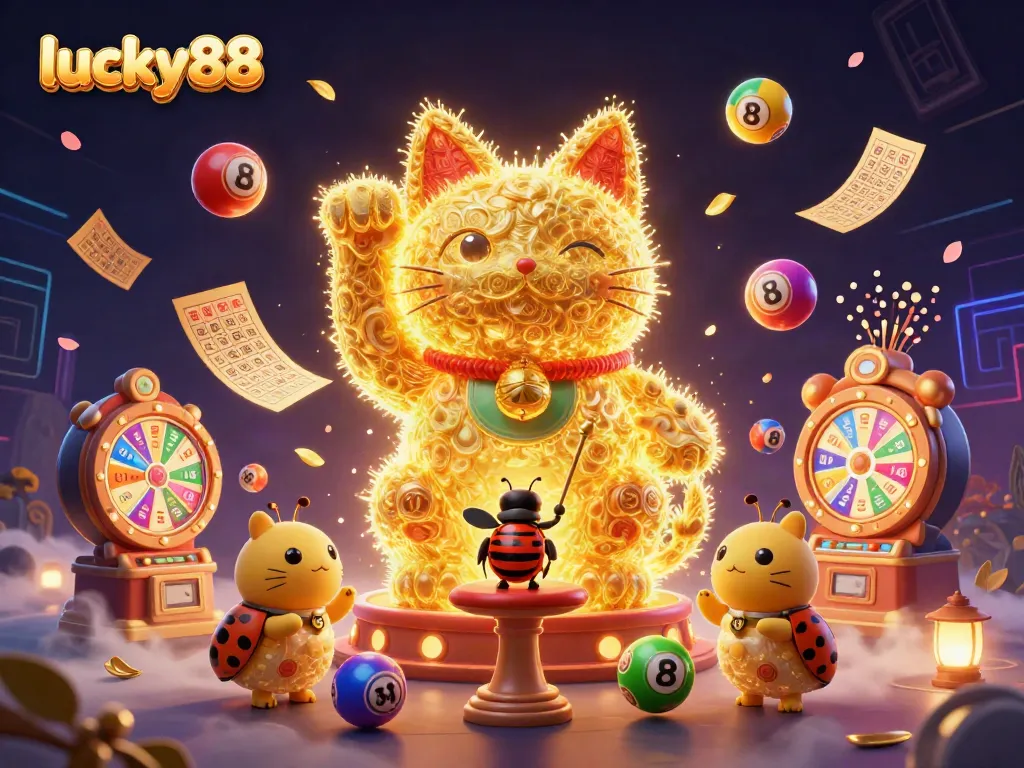 Experience the joy of lucky88 with a golden cat and dynamic casino elements in a vibrant illustration.