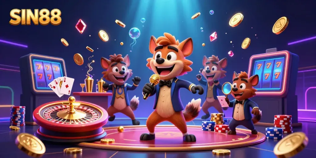 Enjoy thrilling fun at SIN88, featuring lively hyenas in a bustling casino setting.