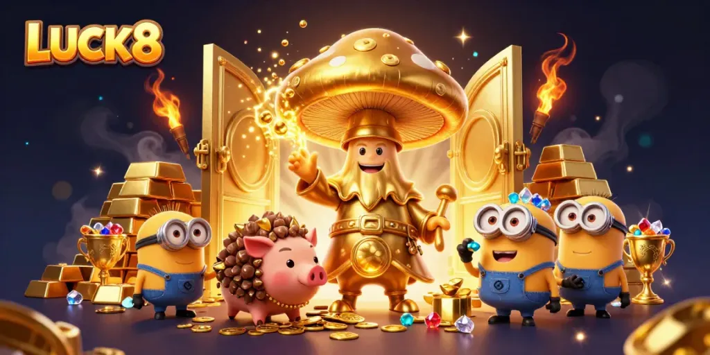 Experience the magic of LUCK8 with a golden mushroom wizard amid treasures and playful characters in an enchanting casino scene.