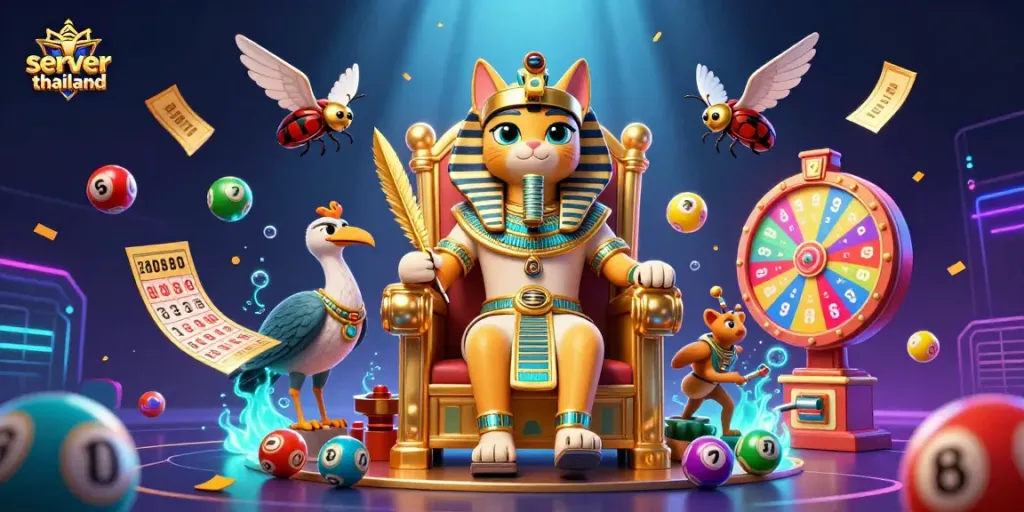 Experience thrilling gaming with the server thailand, featuring vibrant lottery elements and Egyptian character artistry.