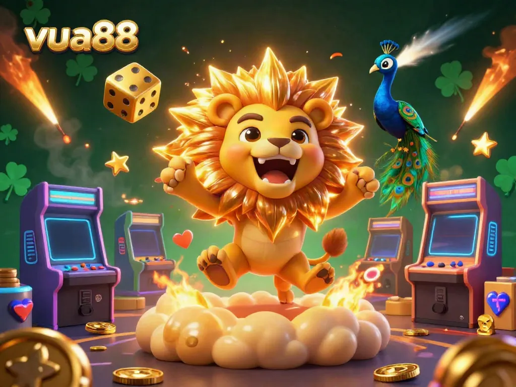 Engaging illustration featuring the roaring sun lion and golden dice, promoting the vua88 casino experience.
