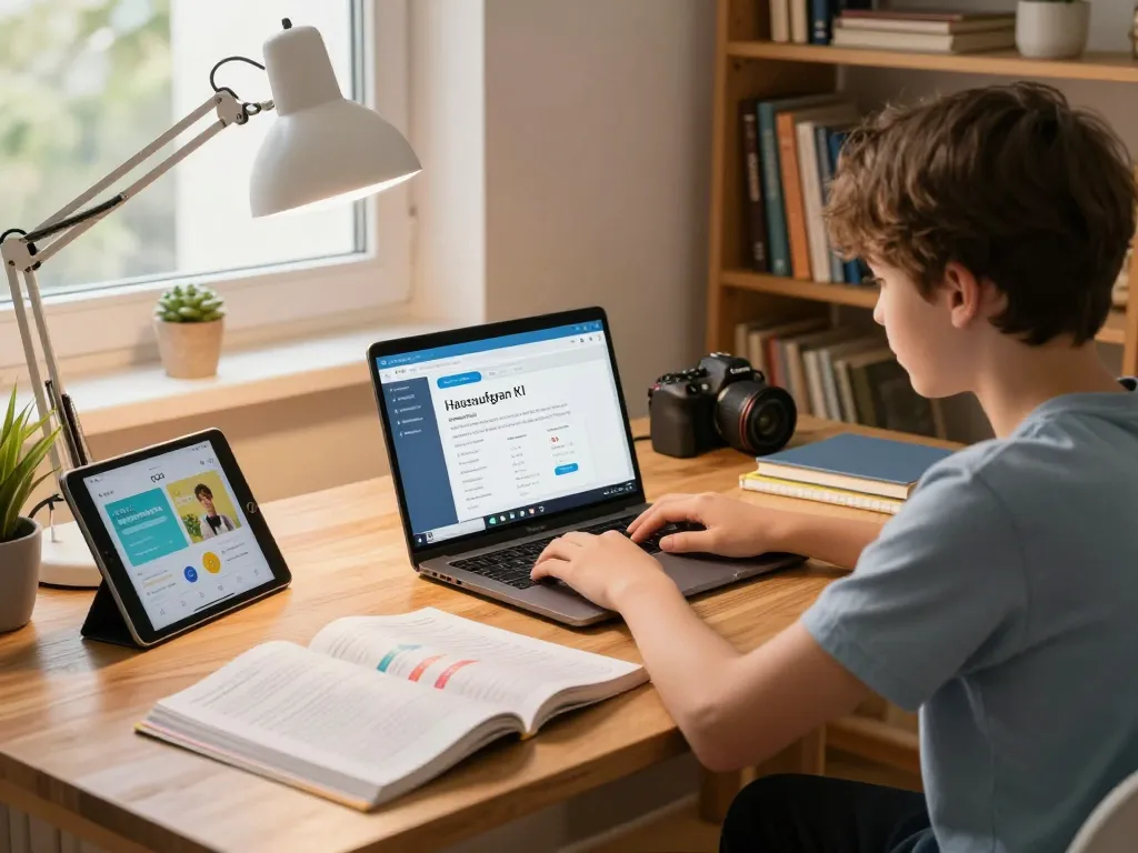 Schüler nutzt Hausaufgaben KI an einem Schreibtisch mit Büchern und Laptop