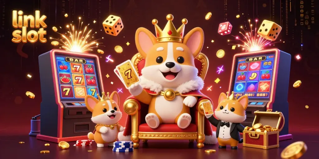 Enjoy the exciting link slot experience with a royal corgi and a golden jackpot explosion in an exciting casino illustration.