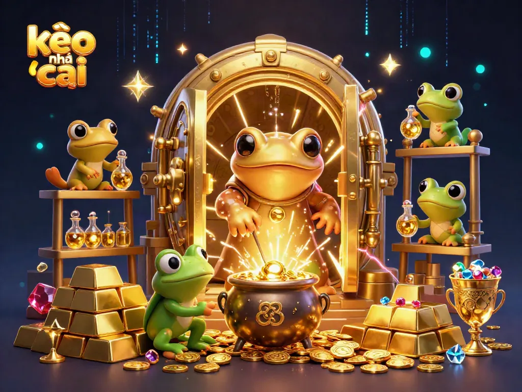 Experience kèo nhà cái dynamics in a colorful scene with a golden alchemist and apprentices.