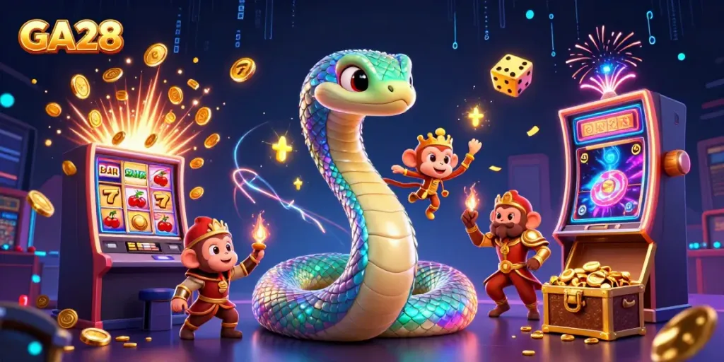 Experience exciting gaming action at GA28 with vibrant characters and lively casino elements.