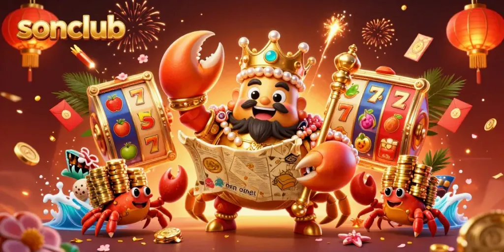 Engage with sonclub's thrilling gaming adventure featuring a golden crab emperor in a bustling casino scene.