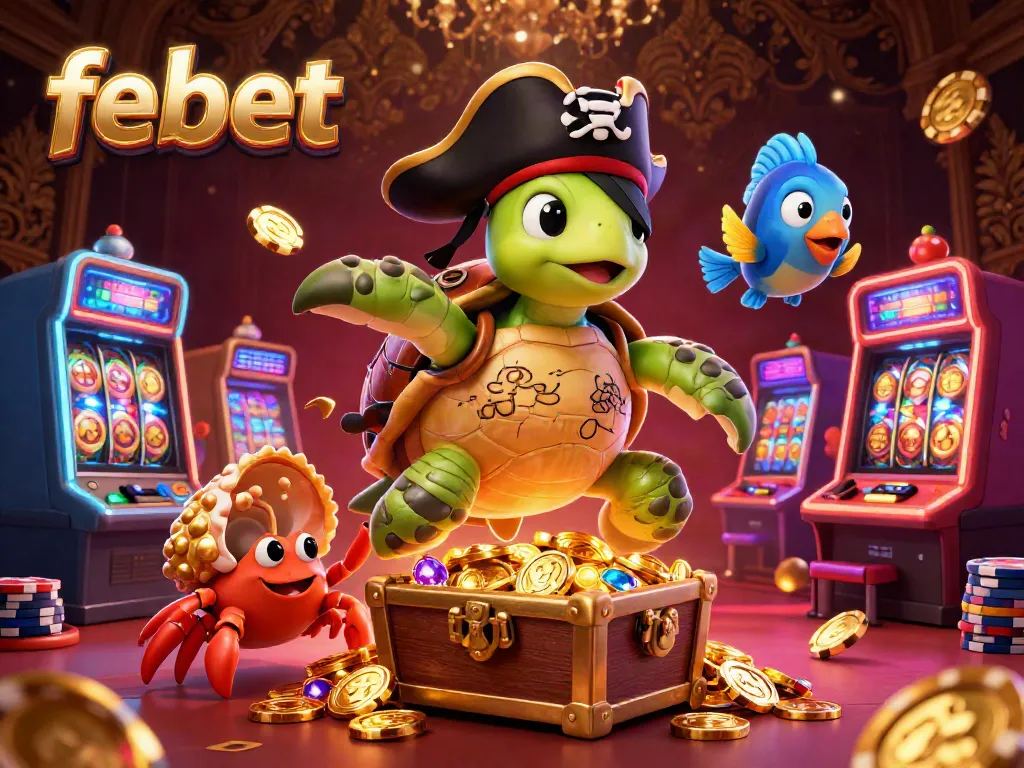Experience the excitement of febet with a lively 3D casino scene featuring a pirate turtle and gaming elements.
