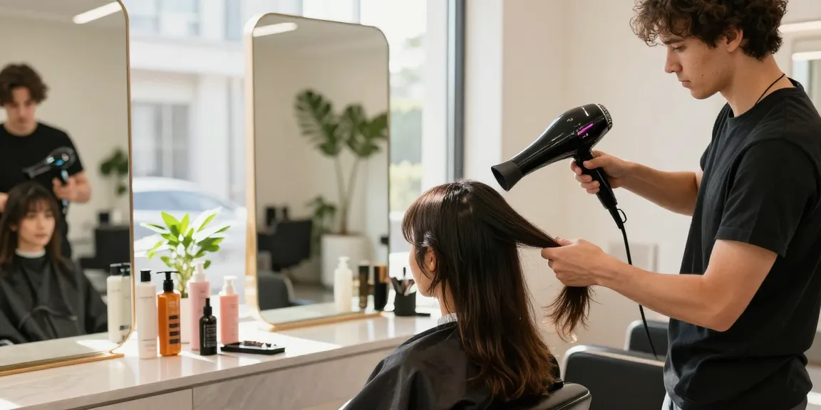 Professionelle Haarstylistin verwendet den Laifen Föhn in einem eleganten Salon.