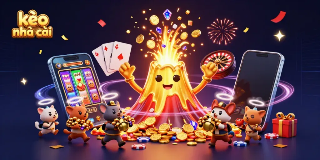 Engaging scene showcasing kèo nhà cái with a golden volcano erupting treasures and a colorful slot game display.
