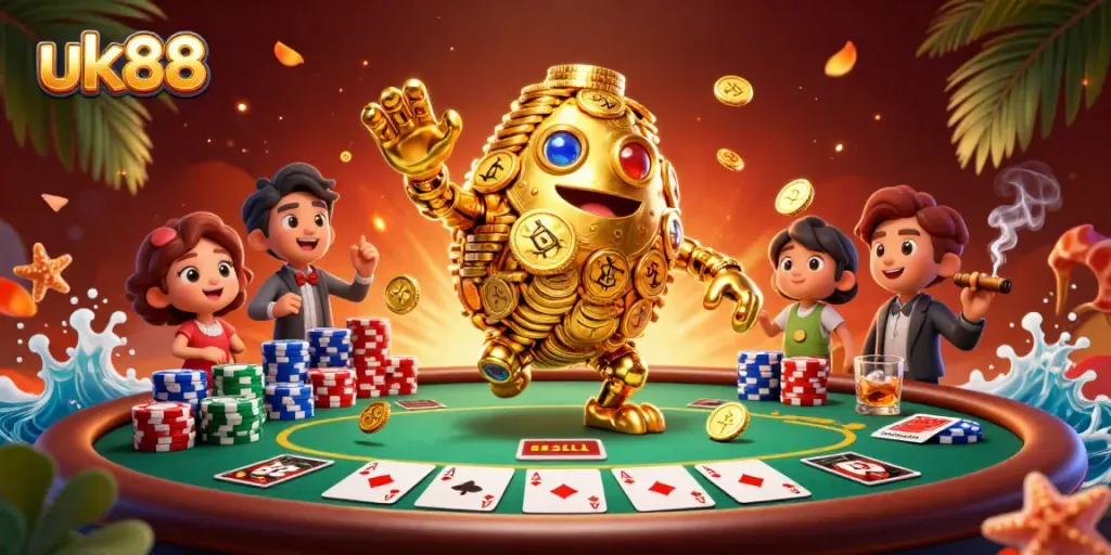 Engage in thrilling gameplay at UK88 with vibrant casino elements encapsulated in a dynamic scene.