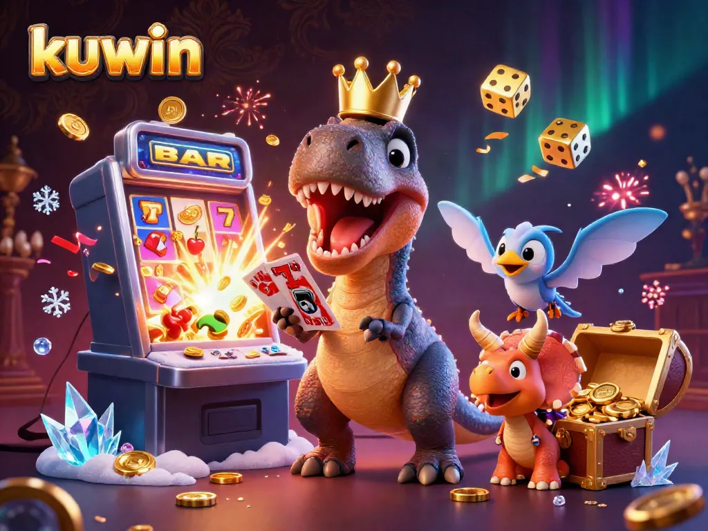 Kuwin's thrilling gaming atmosphere comes alive with dinosaurs shuffling cards, slot machines, and golden chips.