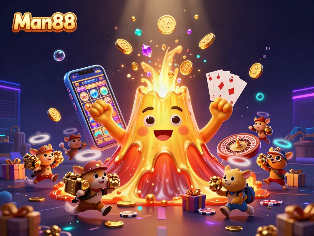 Experience thrilling wins with Man88 as the volcano erupts with treasure in a dynamic casino illustration.