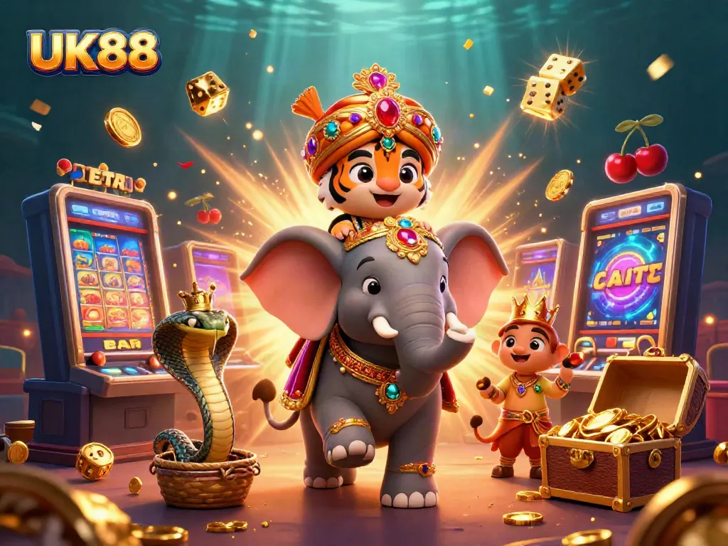 Engage with UK88’s vibrant casino world featuring an elephant and a tiger amidst slot machines