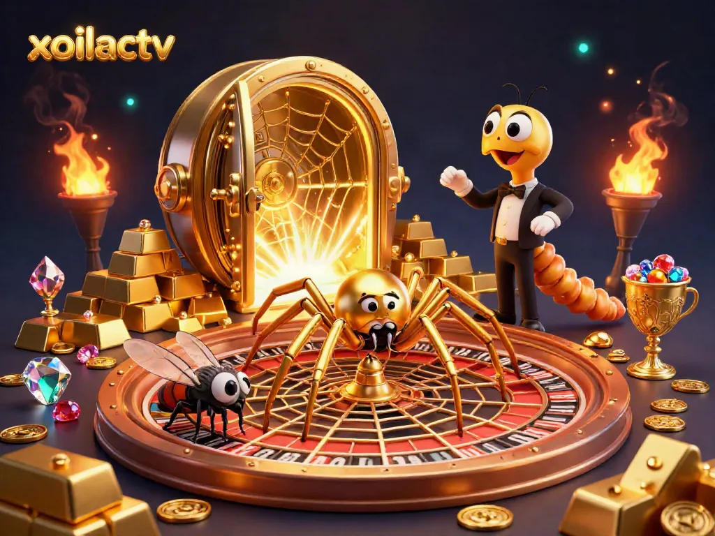 Xoilactv spins excitement with a spider roulette wheel, colorful gems, and dynamic gold elements.