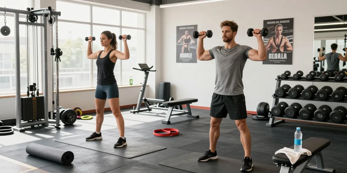 Fitness-Enthusiasten bei Deus Medical im modernen Fitnessstudio, die gemeinsam Gewichte heben.