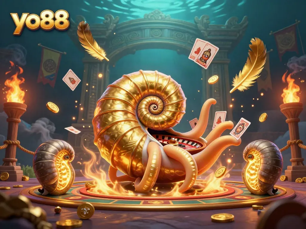 Experience thrilling gaming at yo88 with a vibrant illustration of an ancient nautilus roulette wheel surrounded by casino elements.