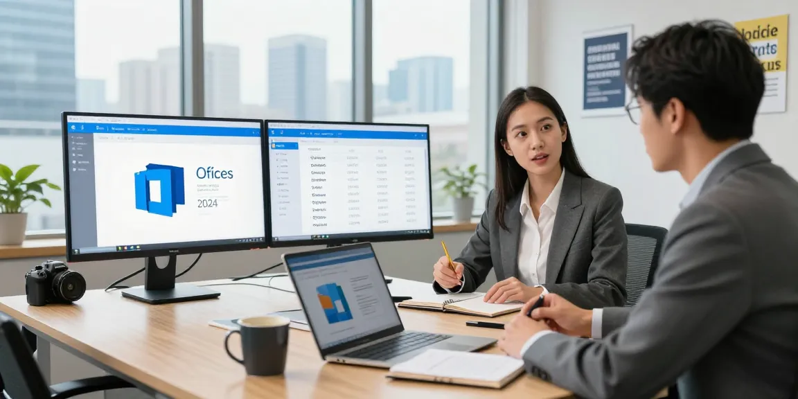 Präsentation von Microsoft Office 2024 ohne Abo als Dauerlizenz sichern in einem modernen Büro mit Kollegen.