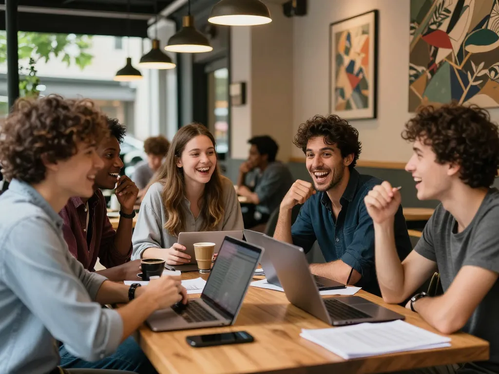 Group discussion on innovative ideas in a cafe, highlighting the social aspect of technology and creativity for ia +18.
