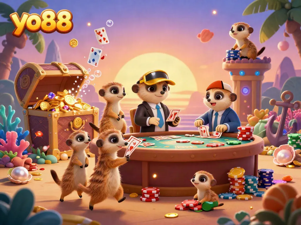 Experience the excitement of yo88 with a dynamic casino scene featuring playful meerkats managing games and treasure.