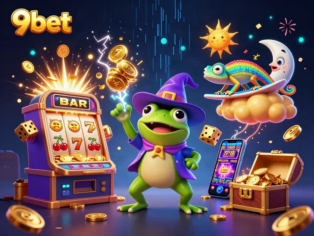 Engage with 9bet through exciting gaming visuals, featuring golden treasures and vibrant 3D elements.