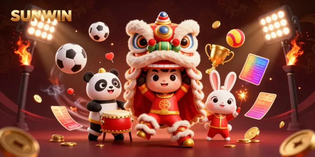 Play and win at SUNWIN with a vibrant lion dance, drumming panda, and fun casino elements.