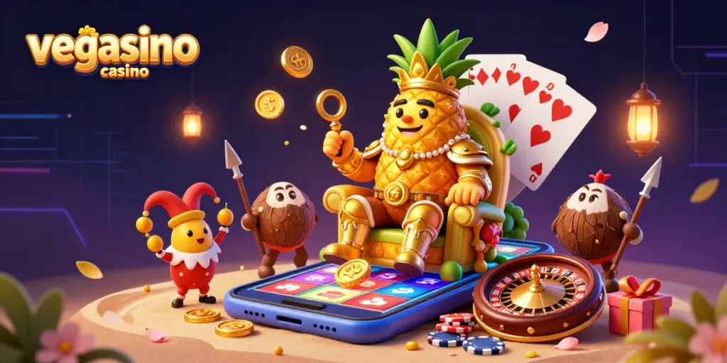 Experience the excitement of vegasino casino with vibrant characters and games in an immersive 3D illustration.
