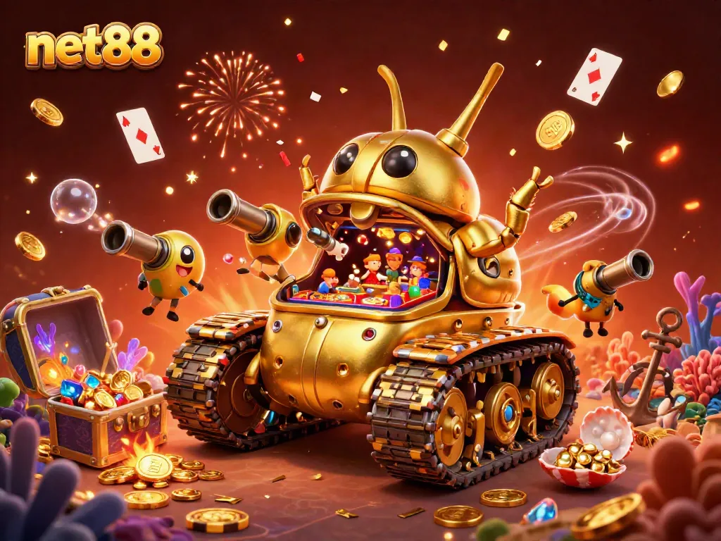 Experience the excitement of net88 with a golden beetle tank casino bursting with confetti and coins.